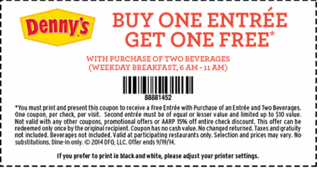 Buy One Get One Free Entree Denny's Coupon