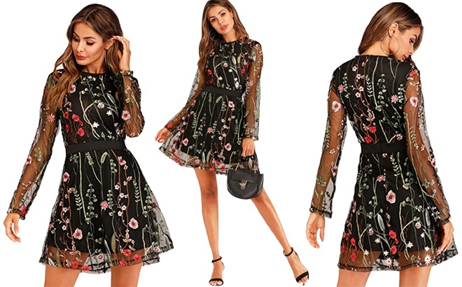 long sleeve mesh floral dress