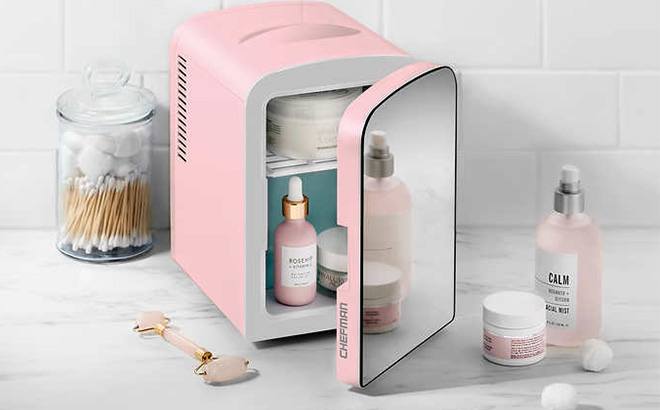 Chefman Portable Mirrored Mini Fridge Pink