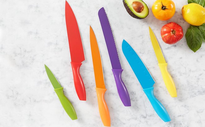 Amazon Basics Color-Coded Kitchen 12-Piece Knife Set on a Marble Table