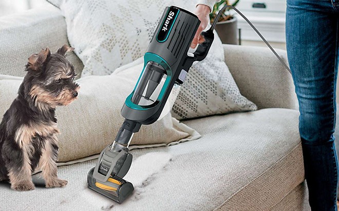 Woman Cleaning the Couch with the Shark UltraLight Corded Handheld Vacuum