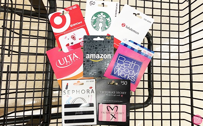 Various Gift Cards in a Shopping Cart