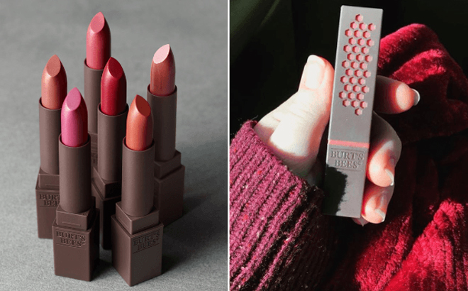 Burts Bees Lipsticks Variety Of Colors Shown and Hand Holding a Burts Bees Lipstick