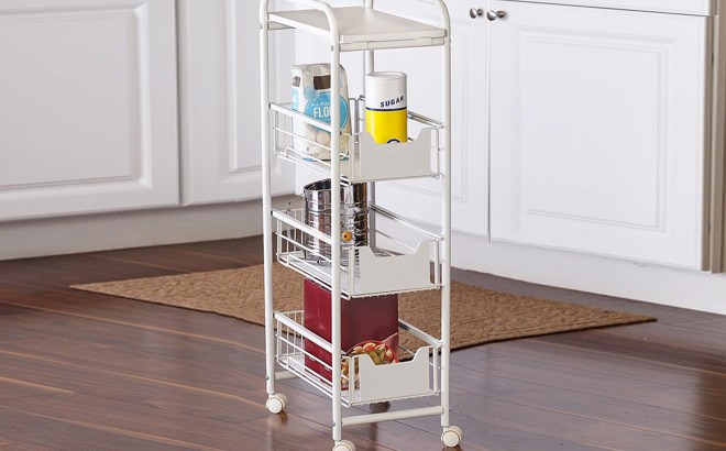 Honey-Can-Do 4-Tier Slim Rolling Cart with Drawers in White