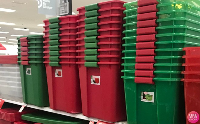 Red & Green Sterilite Storage Tote with 2 Wheels. 45 Gallon