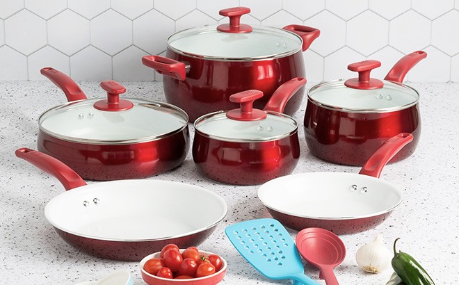Tasty Ceramic Titanium-Reinforced Cookware Set, Red, 16 Piece 