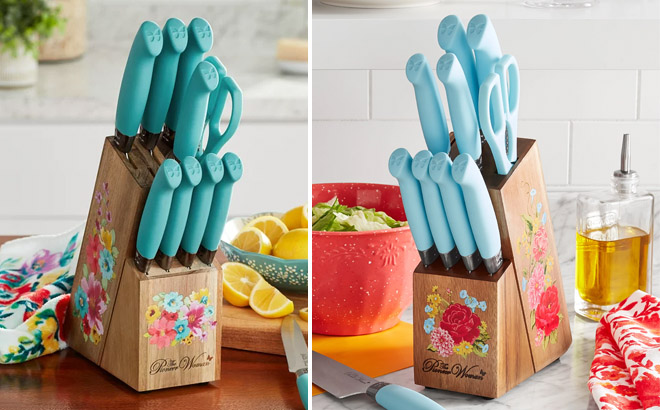 The Pioneer Woman Breezy Blossoms 11-Piece Stainless Steel Knife Block Set,  Teal