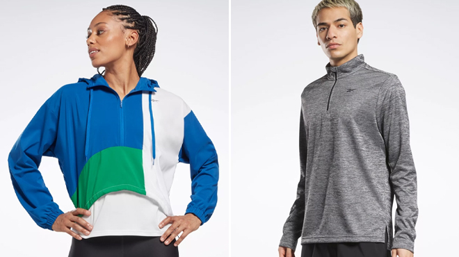 Reebok Womens Running Woven Jacket and Mens Workout Ready Quarter Zip Top