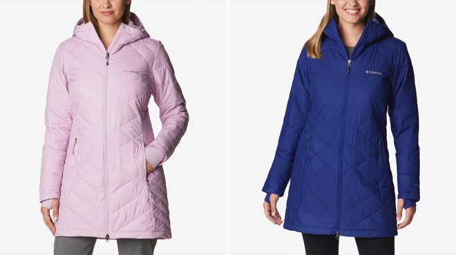 Columbia Women's Long Hooded Jacket in Aura and Dark Sapphire colors