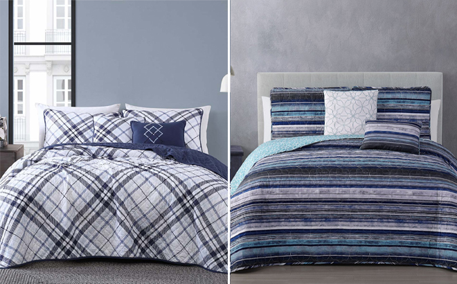 Indigo White Khalvin and Blue Stripe Hartley 5 Piece Quilt Sets