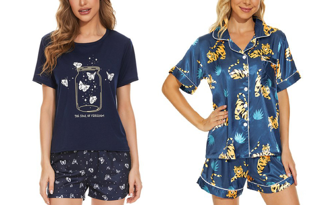 Womens Printed V Neck Pajama 2 Piece Set 1