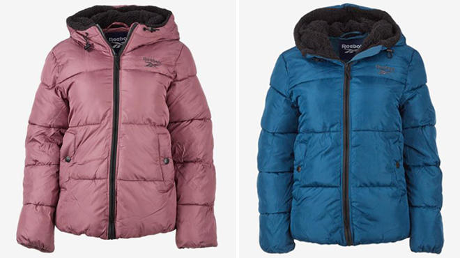 Reebok Women’s Sherpa Puffer Jackets on a Gray Background