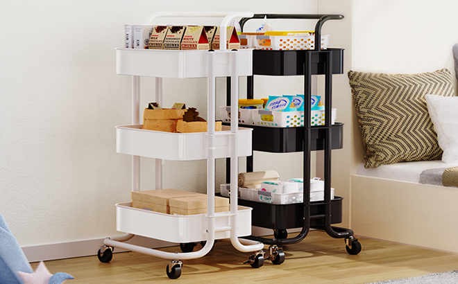 3 Tier Mesh Organization Rolling Cart in White and Black Color