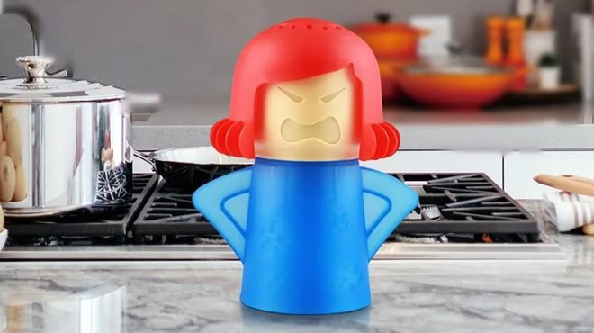 Angry Mama Microwave Cleaner in Blue Color on a Kitchen Countertop