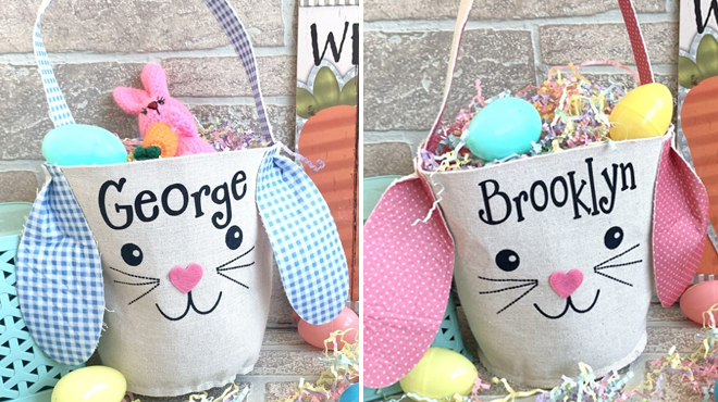 Blue Easter Bunny Basket on the Left and Pink Easter Bunny Basket on the Right