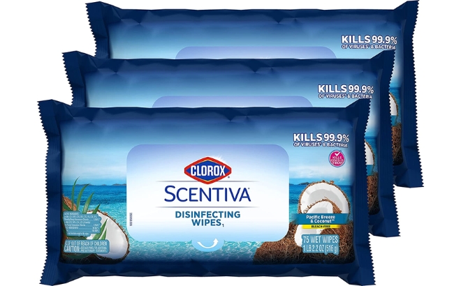 Clorox Scentiva Cleaning Wipes 225 Count in a Pacific Breeze Coconut Scent on a White Background