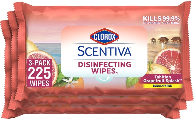 Clorox Scentiva Wipes 225 Count in Tahitian Grapefruit Splash Scent on White Background