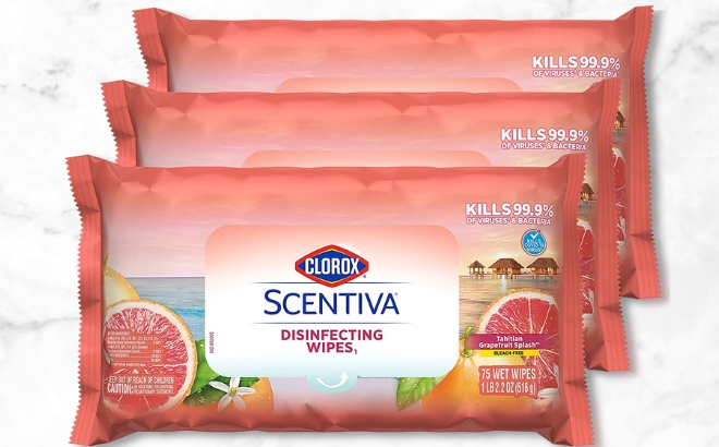 Clorox Scentiva Wipes 225 Count in Tahitian Grapefruit Splash Scent on a Marble Background