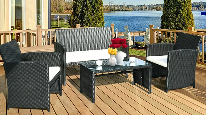 Costway 4pcPatio Rattan Cushioned Sofa Table