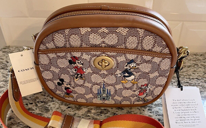 Disney X Coach Camera Bag In Signature Textile Jacquard With Mickey Mouse And Friends Embroidery on Kitchen Countertop