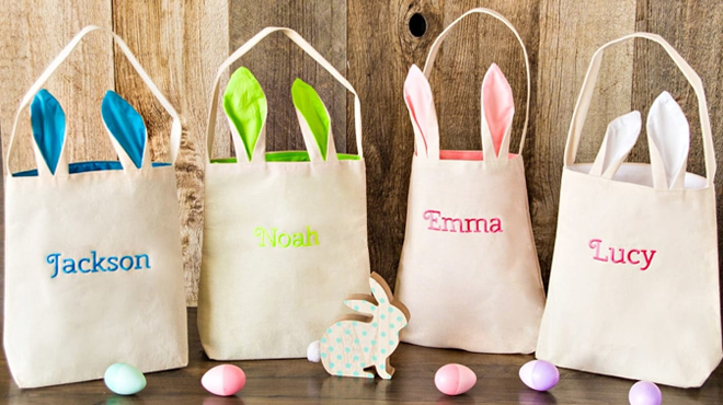 Four Easter Bunny Tote Bags in Blue Green Pink and White