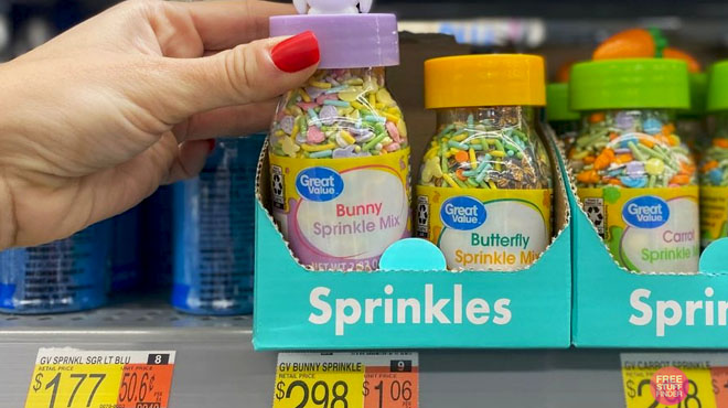 Hand Holding a Great Value Sprinkle Mix (2.82 oz) on a Store Shelf