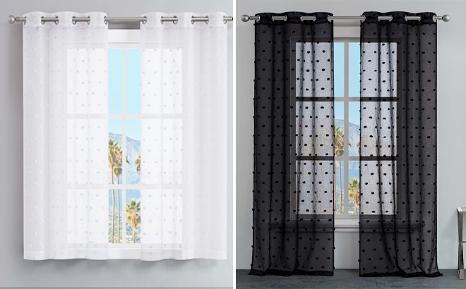 Juicy Couture White Evelyn Sheer Pom Pom Curtain Panel Set of 2 White Black Colors