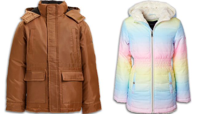 Kids Khaki Boys Parka and Girls Pink and Yellow Puffer Jacket