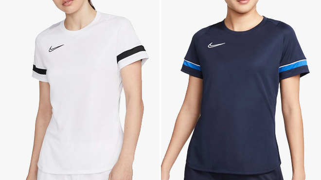 Kohls Nike Womens Dri FIT Academy Soccer Top color White on the left, and the Same Shirt in Blue on the Right