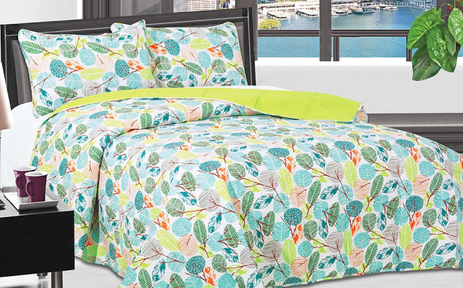 Lime Sage Modern Leaves 3 Piece Quilt Set