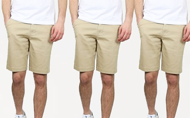 Mens 3 Pack Cotton Stretch Slim Fit Chino Shorts Khaki on a Gray Background