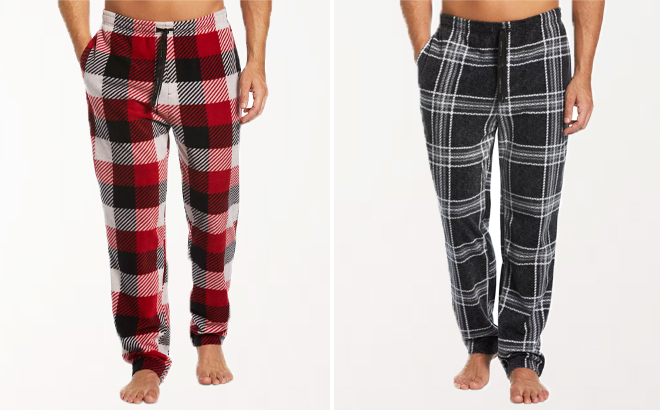 Mens Modern Buffalo Plaid Textured Fleece Pajama Pants on a Gray Background