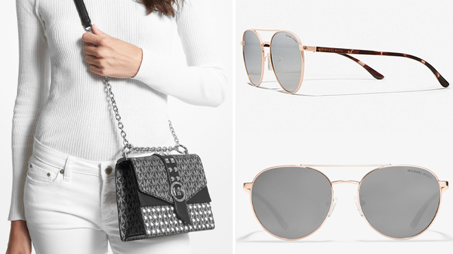 Michael Kors Greenwich Studded Logo Crossbody on the Left and Michael Kors Hartley Sunglasses on the Right