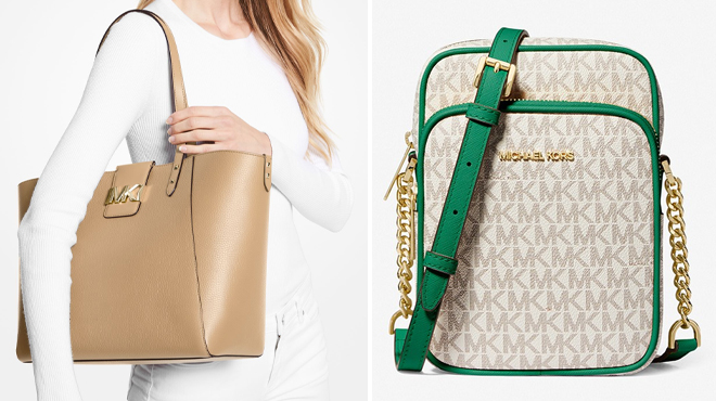 Michael Kors Karlie Pebbled Leather Tote on the Left and Michael Kors Jet Set Logo Crossbody on the Right