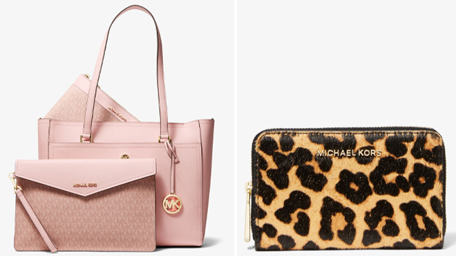 Michael Kors Maisie Pebbled 3 in 1 Tote Bag on the Left and Michael Kors Small Leopard Wallet on the Right