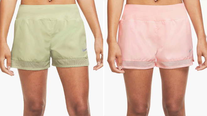 Nike Women's Dri-Fit Running Shorts in Olive color on the Right, and the Same Shorts in Pink Color on the Left