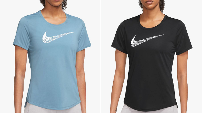 Woman Wearing a Nike Swoosh Run Running Tees in Blue on the Left, and the Same Black Shirt on the Right