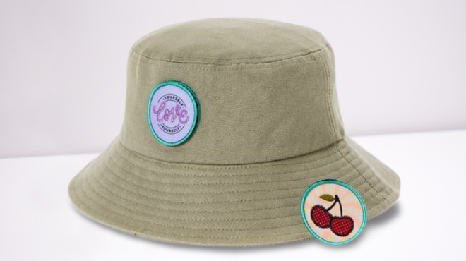 No Boundaries Adult Womens Olive Bucket Hat with 2 Patches