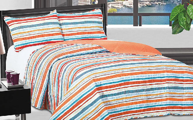 Orange Blue Stripe 3 Piece Quilt Set