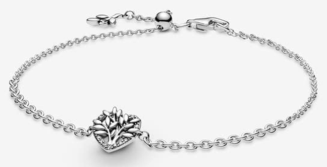 Pandora Moments Silver CZ Family Tree Bracelet Chain on a Gray Background