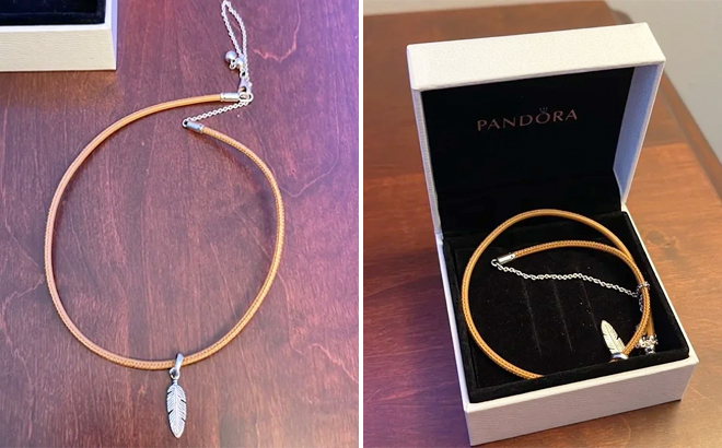 Pandora Silver Golden Tan Leather Choker with Feather Charm Necklace