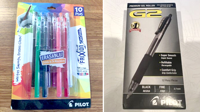 Pilot Erasable Gel Ink Pens 10 Count on the Left and Pilot Rolling Ball Gel Pens 12 Count on the Right