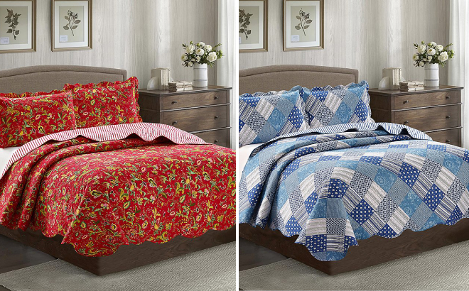 Red Blue Reversible 3 Piece Quilt Set