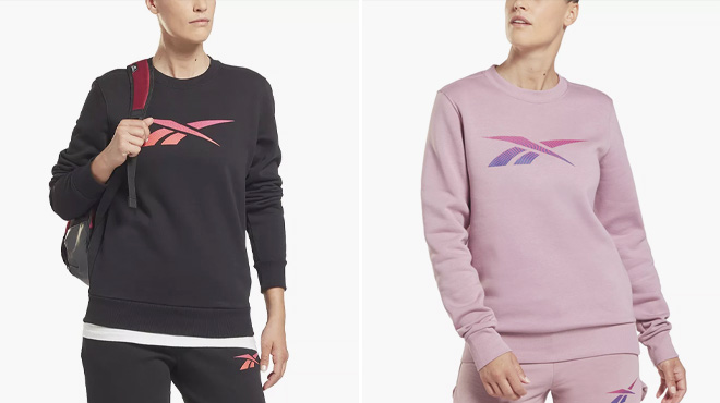 Reebok Women's Black Crewneck Sweatshirt on the Left, and color Pink on the Right