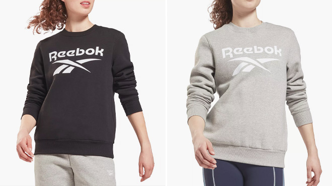 Reebok Women's Black Identity Logo Fleece Crew Sweatshirt on the Left, and color Grey on the Right