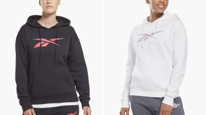 Reebok Women's Black Vector Logo Fleece Hoodie on the Left, and color White on the Right