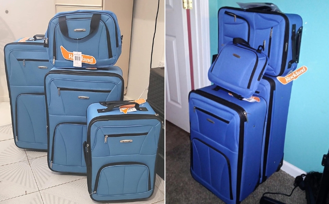 Rockland Journey Softside Upright 4 Piece Luggage Set in Turquoise on the Left and in Blue on the Right