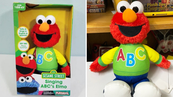 Sesame Street Elmo Plush in a Box on the Left and Same Item on a Table on the Right
