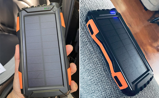 Solar Power Bank Held in Hand and on a Couch