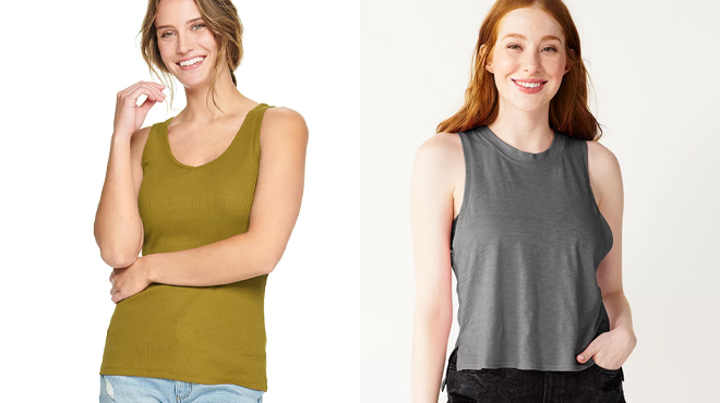 Sonoma Womens Tee in Yellow and Juniors SO Muscle Tank in Gray on Models